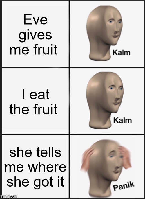 P.S. this was not made to be true historically | Eve gives me fruit; I eat the fruit; she tells me where she got it | image tagged in memes,panik kalm panik | made w/ Imgflip meme maker