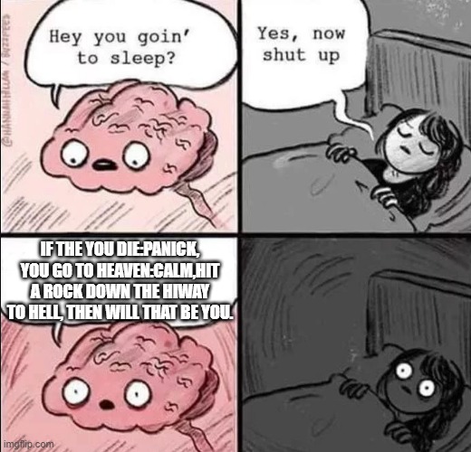 It may happen to her. (just saying;) | IF THE YOU DIE:PANICK, YOU GO TO HEAVEN:CALM,HIT A ROCK DOWN THE HIWAY TO HELL, THEN WILL THAT BE YOU. | image tagged in waking up brain | made w/ Imgflip meme maker