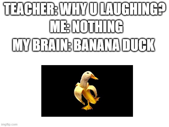 Blank White Template | TEACHER: WHY U LAUGHING? ME: NOTHING; MY BRAIN: BANANA DUCK | image tagged in blank white template | made w/ Imgflip meme maker