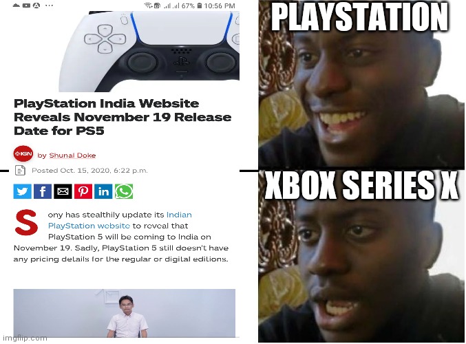 PlayStation | PLAYSTATION; XBOX SERIES X | image tagged in happy and sad black guy | made w/ Imgflip meme maker