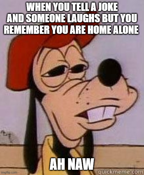 Ah naw | WHEN YOU TELL A JOKE AND SOMEONE LAUGHS BUT YOU REMEMBER YOU ARE HOME ALONE; AH NAW | image tagged in stoned goofy | made w/ Imgflip meme maker