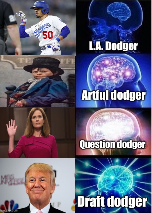 Expanding Brain Meme | L.A. Dodger; Artful dodger; Question dodger; Draft dodger | image tagged in memes,expanding brain,dodgers,funny | made w/ Imgflip meme maker