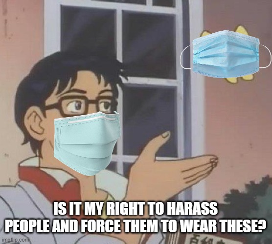 A reminder that pro-maskers are Karens | IS IT MY RIGHT TO HARASS PEOPLE AND FORCE THEM TO WEAR THESE? | image tagged in memes,is this a pigeon,karen,covid-19,masks,hysteria | made w/ Imgflip meme maker