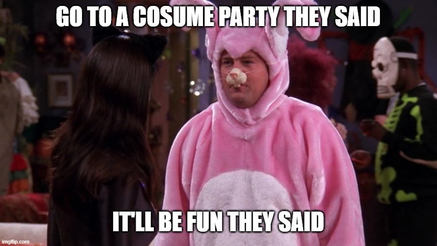 Friends Chandler Bunny Costume Halloween | GO TO A COSUME PARTY THEY SAID IT'LL BE FUN THEY SAID | image tagged in friends chandler bunny costume halloween | made w/ Imgflip meme maker