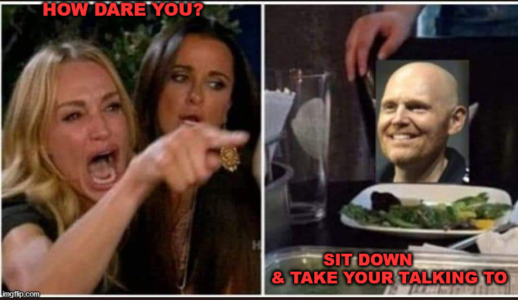 Bill Burr | HOW DARE YOU? SIT DOWN 
                                                 & TAKE YOUR TALKING TO | image tagged in woman yelling at cat | made w/ Imgflip meme maker