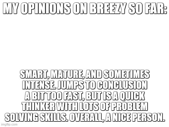 Im still amazed at how you found some "good" in ship-shap... | MY OPINIONS ON BREEZY SO FAR:; SMART, MATURE, AND SOMETIMES INTENSE. JUMPS TO CONCLUSION A BIT TOO FAST, BUT IS A QUICK THINKER WITH LOTS OF PROBLEM SOLVING SKILLS. OVERALL, A NICE PERSON. | image tagged in blank white template | made w/ Imgflip meme maker