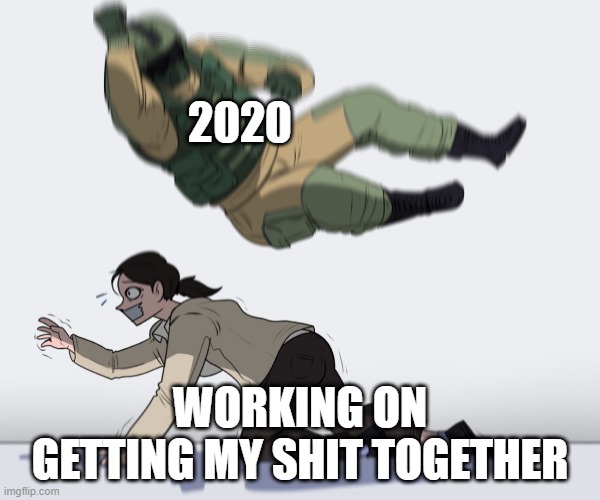 2020 b like... | 2020; WORKING ON GETTING MY SHIT TOGETHER | image tagged in soldier jumping on girl | made w/ Imgflip meme maker