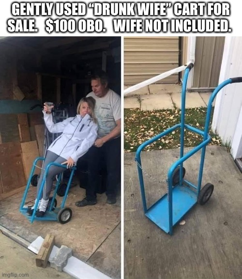 The wife costs extra.  Make an offer. | GENTLY USED “DRUNK WIFE” CART FOR SALE.   $100 OBO.   WIFE NOT INCLUDED. | image tagged in memes,cart,for sale,drunk,wife,offer | made w/ Imgflip meme maker