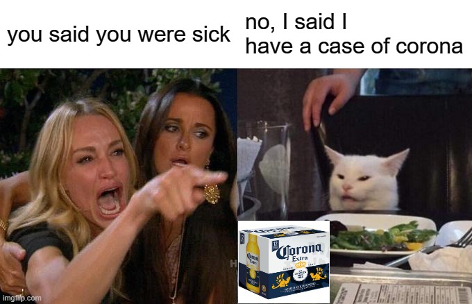 Woman Yelling At Cat | you said you were sick; no, I said I have a case of corona | image tagged in memes,woman yelling at cat | made w/ Imgflip meme maker