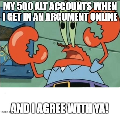 And i agree with ya | MY 500 ALT ACCOUNTS WHEN I GET IN AN ARGUMENT ONLINE; AND I AGREE WITH YA! | image tagged in and i agree with ya | made w/ Imgflip meme maker