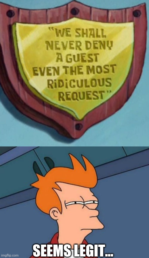  SEEMS LEGIT... | image tagged in memes,futurama fry,we shall never deny a guest | made w/ Imgflip meme maker