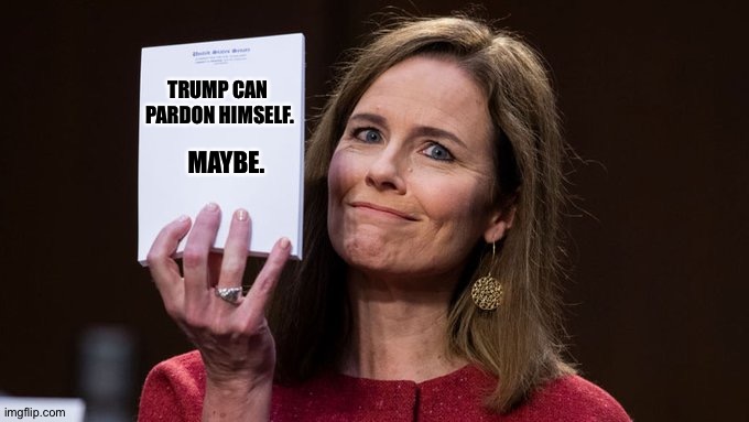 She had some trouble with that question. | MAYBE. TRUMP CAN 
PARDON HIMSELF. | image tagged in amy barrett | made w/ Imgflip meme maker