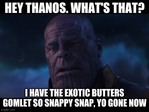 HEY THANOS. WHAT'S THAT? I HAVE THE EXOTIC BUTTERS GOMLET SO SNAPPY SNAP, YO GONE NOW | image tagged in avengers endgame | made w/ Imgflip meme maker