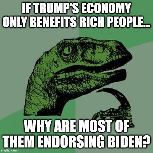 Philosoraptor | IF TRUMP'S ECONOMY ONLY BENEFITS RICH PEOPLE... WHY ARE MOST OF THEM ENDORSING BIDEN? | image tagged in memes,philosoraptor | made w/ Imgflip meme maker