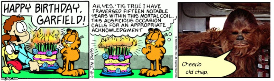 Fifteen Candles | image tagged in chewbacca,comics/cartoons,funny,garfield,square root of minus garfield | made w/ Imgflip meme maker