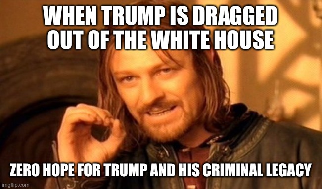 One Does Not Simply Meme | WHEN TRUMP IS DRAGGED OUT OF THE WHITE HOUSE ZERO HOPE FOR TRUMP AND HIS CRIMINAL LEGACY | image tagged in memes,one does not simply | made w/ Imgflip meme maker