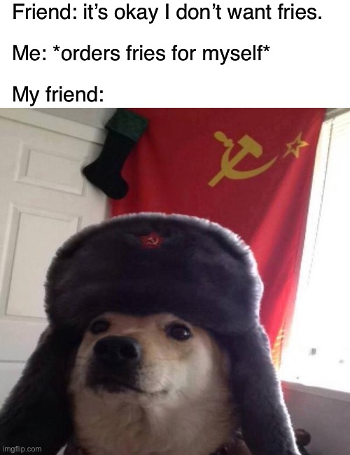 Fries | Friend: it’s okay I don’t want fries. Me: *orders fries for myself*; My friend: | image tagged in blank white template,russian doge,french fries,funny,mcdonalds,memes | made w/ Imgflip meme maker