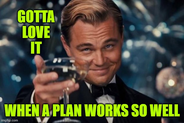 Leonardo Dicaprio Cheers Meme | GOTTA
LOVE
IT WHEN A PLAN WORKS SO WELL | image tagged in memes,leonardo dicaprio cheers | made w/ Imgflip meme maker