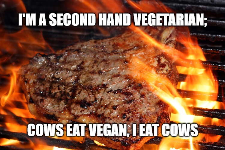 steak | I'M A SECOND HAND VEGETARIAN;; COWS EAT VEGAN, I EAT COWS | image tagged in steak | made w/ Imgflip meme maker