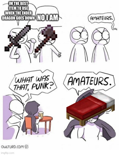 Amateurs | IM THE BEST ITEM TO USE WHEN THE ENDER DRAGON GOES DOWN; NO I AM | image tagged in amateurs | made w/ Imgflip meme maker