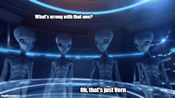 AlienTalk | What's wrong with that one? Oh, that's just Vern | image tagged in aliens | made w/ Imgflip meme maker