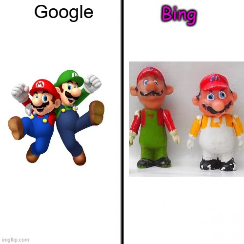 It's a meme, Mario! | Google; Bing | image tagged in t chart,mario | made w/ Imgflip meme maker