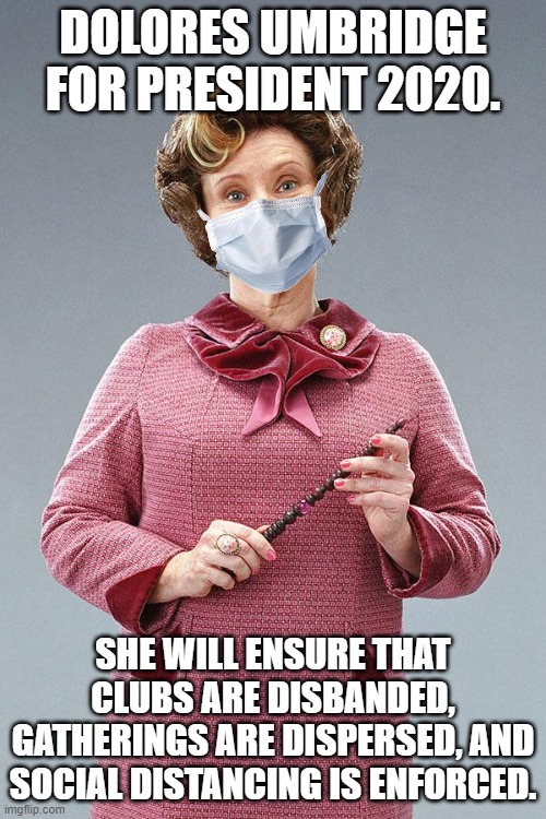 Dolores Umbridge for President | DOLORES UMBRIDGE FOR PRESIDENT 2020. SHE WILL ENSURE THAT CLUBS ARE DISBANDED, GATHERINGS ARE DISPERSED, AND SOCIAL DISTANCING IS ENFORCED. | image tagged in dolores umbridge,president 2020,social distancing,covid-19 | made w/ Imgflip meme maker
