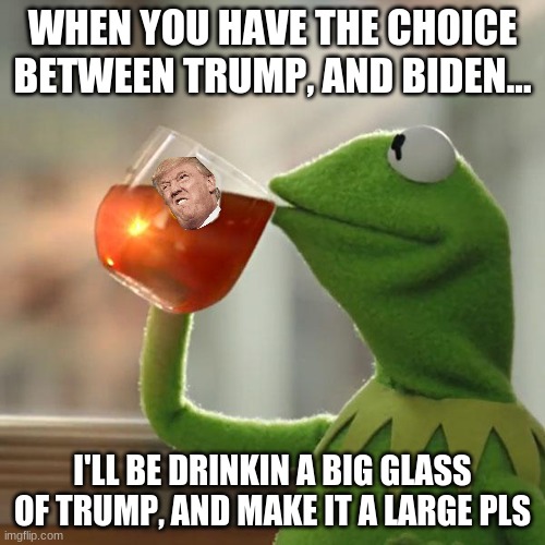 But That's None Of My Business | WHEN YOU HAVE THE CHOICE BETWEEN TRUMP, AND BIDEN... I'LL BE DRINKIN A BIG GLASS OF TRUMP, AND MAKE IT A LARGE PLS | image tagged in memes,but that's none of my business,kermit the frog | made w/ Imgflip meme maker