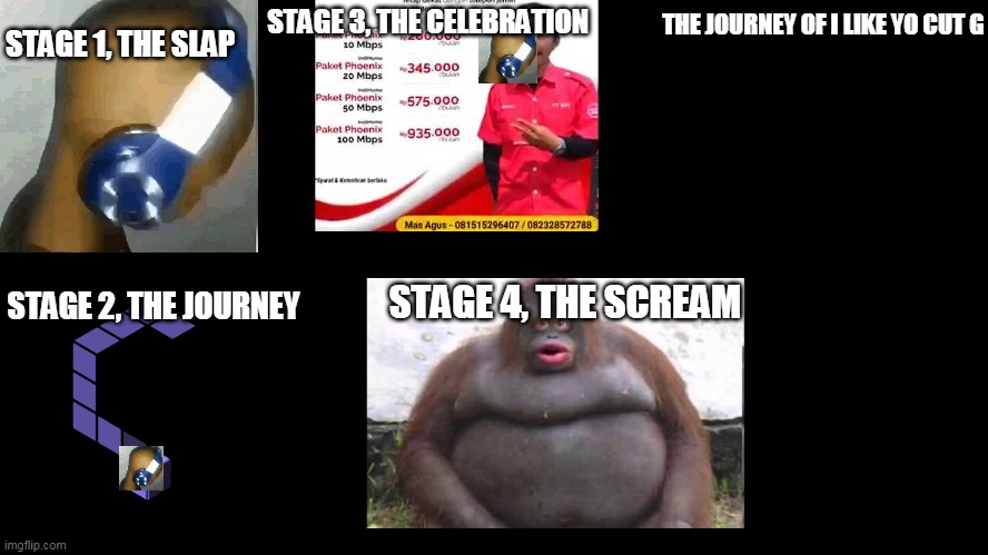 The journey of I like yo cut g | STAGE 1, THE SLAP; STAGE 3, THE CELEBRATION; THE JOURNEY OF I LIKE YO CUT G; STAGE 4, THE SCREAM; STAGE 2, THE JOURNEY | image tagged in funny | made w/ Imgflip meme maker