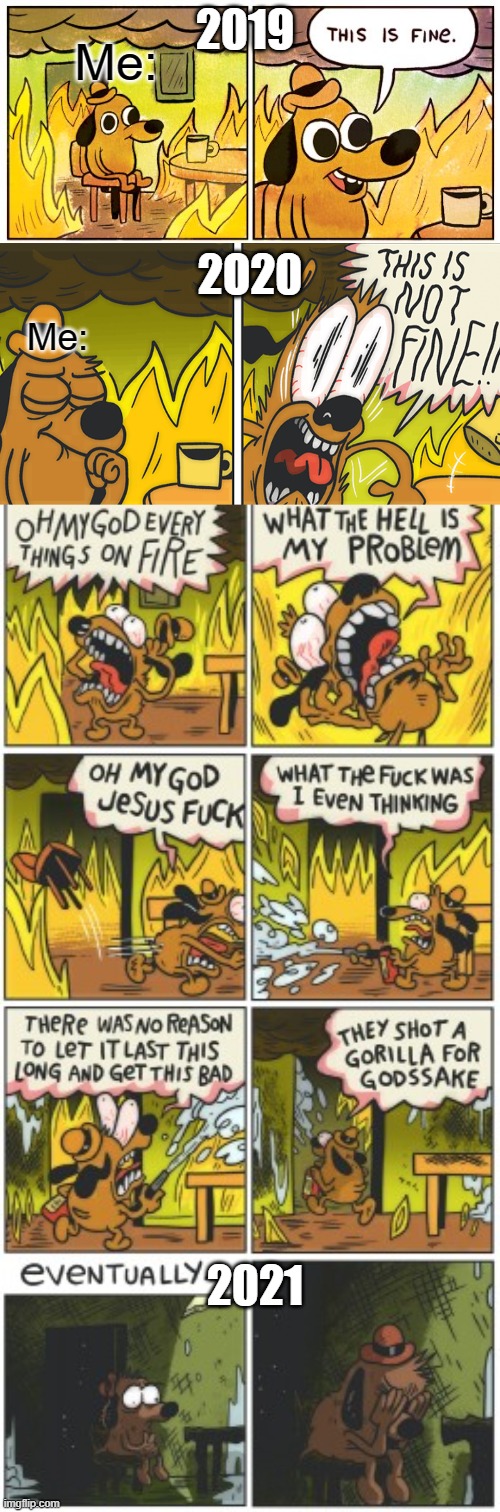 2019; Me:; 2O20; Me:; 2021 | image tagged in memes,this is fine,this is not fine | made w/ Imgflip meme maker