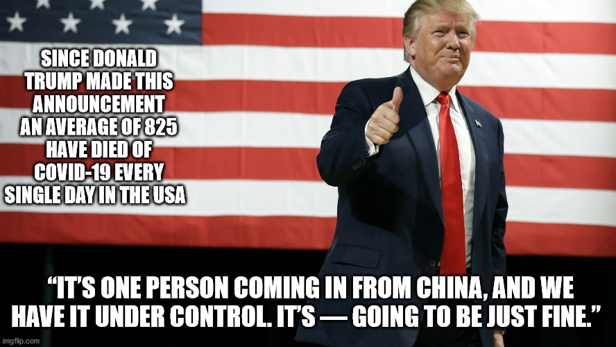 covid-19 | SINCE DONALD TRUMP MADE THIS ANNOUNCEMENT AN AVERAGE OF 825 HAVE DIED OF COVID-19 EVERY SINGLE DAY IN THE USA; “IT’S ONE PERSON COMING IN FROM CHINA, AND WE HAVE IT UNDER CONTROL. IT’S — GOING TO BE JUST FINE.” | image tagged in trump american flag,covid-19,biden,trump,election 2020 | made w/ Imgflip meme maker