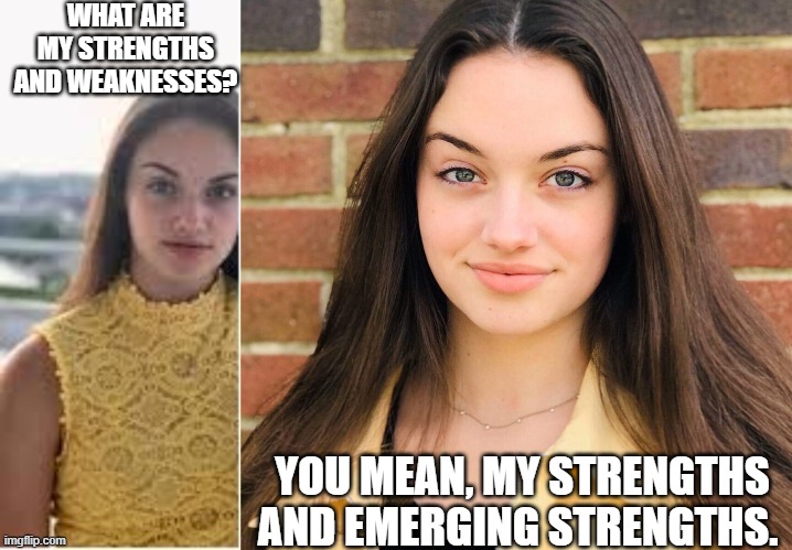 no weaknesses | WHAT ARE MY STRENGTHS AND WEAKNESSES? YOU MEAN, MY STRENGTHS AND EMERGING STRENGTHS. | image tagged in spoiled princess | made w/ Imgflip meme maker