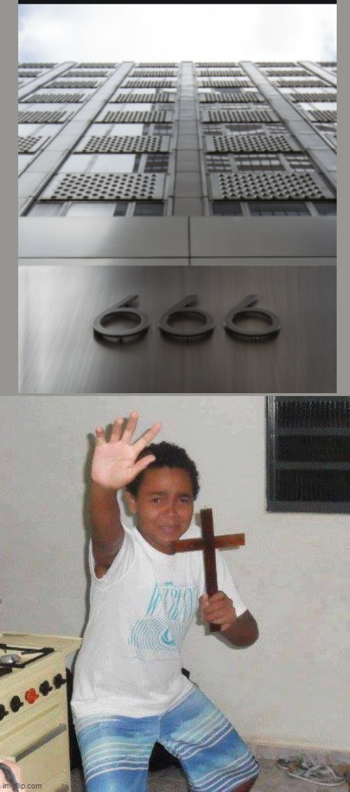 Satan's headquarters | image tagged in kid with cross,666,memes | made w/ Imgflip meme maker