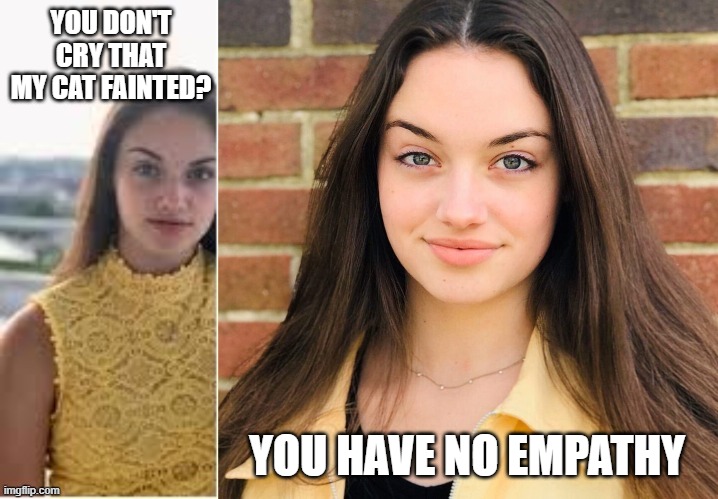 empathy | YOU DON'T CRY THAT MY CAT FAINTED? YOU HAVE NO EMPATHY | image tagged in spoiled princess | made w/ Imgflip meme maker