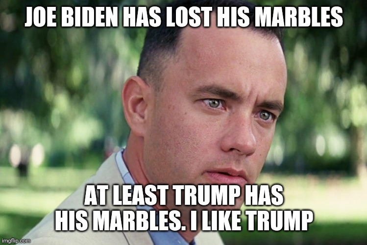Forest Gump on the 2020 General election between Trump and Biden | JOE BIDEN HAS LOST HIS MARBLES; AT LEAST TRUMP HAS HIS MARBLES. I LIKE TRUMP | image tagged in and just like that,donald trump,joe biden,republican party,democrats,election 2020 | made w/ Imgflip meme maker