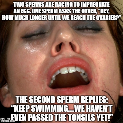 Wrong Way | TWO SPERMS ARE RACING TO IMPREGNATE AN EGG. ONE SPERM ASKS THE OTHER, “HEY, HOW MUCH LONGER UNTIL WE REACH THE OVARIES?”; THE SECOND SPERM REPLIES: “KEEP SWIMMING....WE HAVEN’T EVEN PASSED THE TONSILS YET!” | image tagged in sarah shevon | made w/ Imgflip meme maker
