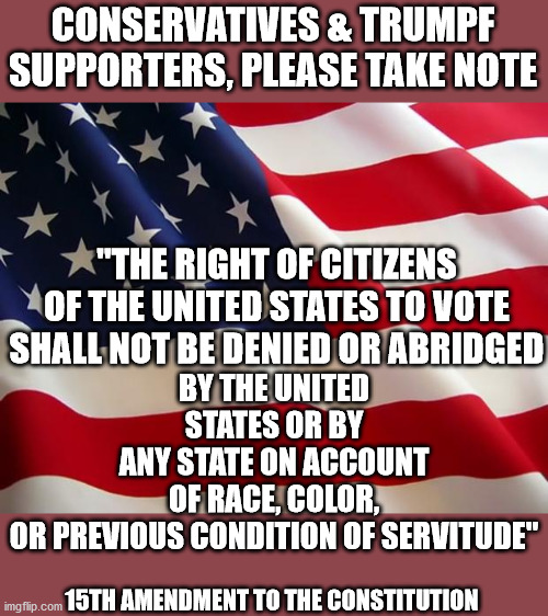 tRUMPf uses gerrymandering, denaturalization, purging of voter rolls to steal elections. | CONSERVATIVES & TRUMPF SUPPORTERS, PLEASE TAKE NOTE; BY THE UNITED STATES OR BY ANY STATE ON ACCOUNT OF RACE, COLOR, OR PREVIOUS CONDITION OF SERVITUDE"; "THE RIGHT OF CITIZENS OF THE UNITED STATES TO VOTE SHALL NOT BE DENIED OR ABRIDGED; 15TH AMENDMENT TO THE CONSTITUTION | image tagged in american flag,blm,constitution | made w/ Imgflip meme maker