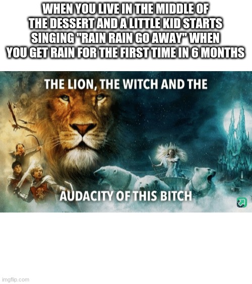 The lion, the witch and the audacity of this bitch | WHEN YOU LIVE IN THE MIDDLE OF THE DESSERT AND A LITTLE KID STARTS SINGING "RAIN RAIN GO AWAY" WHEN YOU GET RAIN FOR THE FIRST TIME IN 6 MONTHS | image tagged in the lion the witch and the audacity of this bitch | made w/ Imgflip meme maker