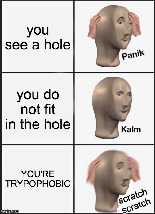 Panik Kalm Panik Meme | you see a hole; you do not fit in the hole; YOU'RE TRYPOPHOBIC; scratch scratch | image tagged in memes,panik kalm panik,meme man | made w/ Imgflip meme maker