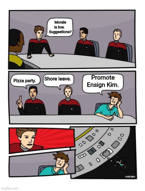 Ensign for Life | Morale is low.   Suggestions? Shore leave. Promote Ensign Kim. Pizza party. | image tagged in star trek voyager board meeting | made w/ Imgflip meme maker