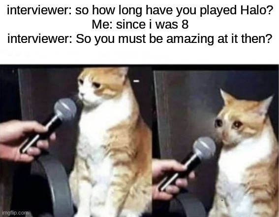 Crying Cat Interview Horizontal | interviewer: so how long have you played Halo?
Me: since i was 8
interviewer: So you must be amazing at it then? | image tagged in crying cat interview horizontal | made w/ Imgflip meme maker