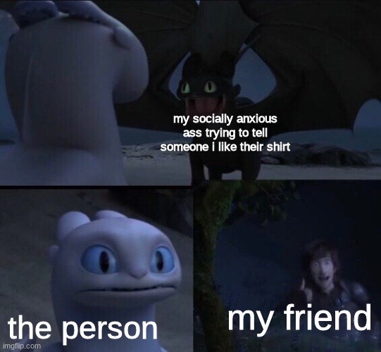social anxiety be like | my socially anxious ass trying to tell someone i like their shirt; the person; my friend | image tagged in how to train your dragon 3 | made w/ Imgflip meme maker