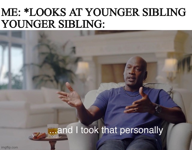 Siblings in a nutshell | ME: *LOOKS AT YOUNGER SIBLING
YOUNGER SIBLING: | image tagged in and i took that personally | made w/ Imgflip meme maker