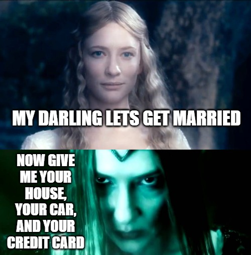 Give me your house | MY DARLING LETS GET MARRIED; NOW GIVE ME YOUR HOUSE, YOUR CAR, AND YOUR CREDIT CARD | image tagged in the lord of the rings,gold digger | made w/ Imgflip meme maker