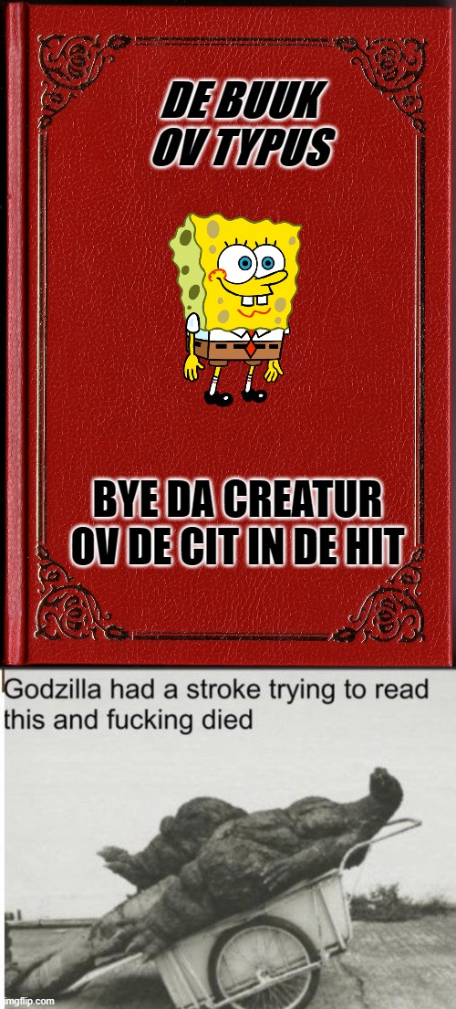 DE BUUK OV TYPUS; BYE DA CREATUR OV DE CIT IN DE HIT | image tagged in blank book,godzilla | made w/ Imgflip meme maker