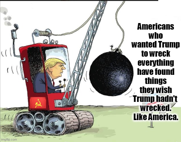 Americans who wanted Trump to wreck everything have found things they wish Trump hadn't 
wrecked.
Like America. | image tagged in trump,wrecking ball,america,russia,putin | made w/ Imgflip meme maker
