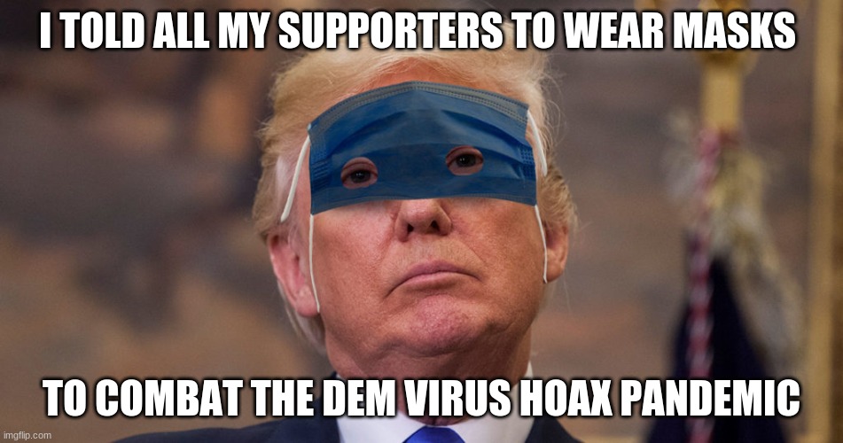 Trump Mask | I TOLD ALL MY SUPPORTERS TO WEAR MASKS TO COMBAT THE DEM VIRUS HOAX PANDEMIC | image tagged in trump mask | made w/ Imgflip meme maker