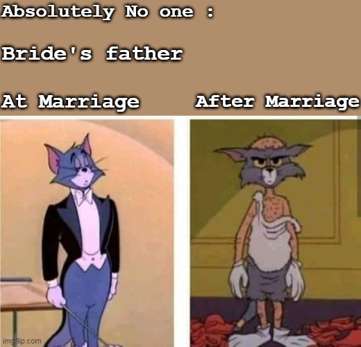 Indian marriage | Absolutely No one :; Bride's father; After Marriage; At Marriage | image tagged in unsettled tom | made w/ Imgflip meme maker