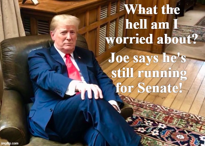 He's not even in the right race! | What the hell am I worried about? Joe says he's
 still running
 for Senate! | image tagged in donald trump,election 2020,conservatives,political meme | made w/ Imgflip meme maker