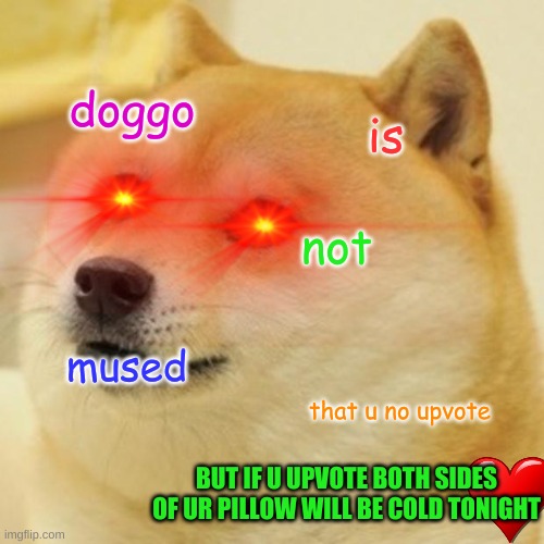 Doge Meme | doggo; is; not; mused; that u no upvote; BUT IF U UPVOTE BOTH SIDES OF UR PILLOW WILL BE COLD TONIGHT | image tagged in memes,doge | made w/ Imgflip meme maker